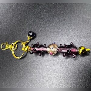 Artisan Purple and Gold Lampwork Glass Bead Keychain Bag Charm Custom